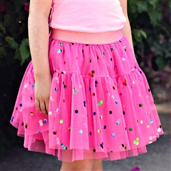 Hot Pink Party Dot Tulle with Rainbow Foil Dot - Confetti Dot Collection by Ruffle Fabric